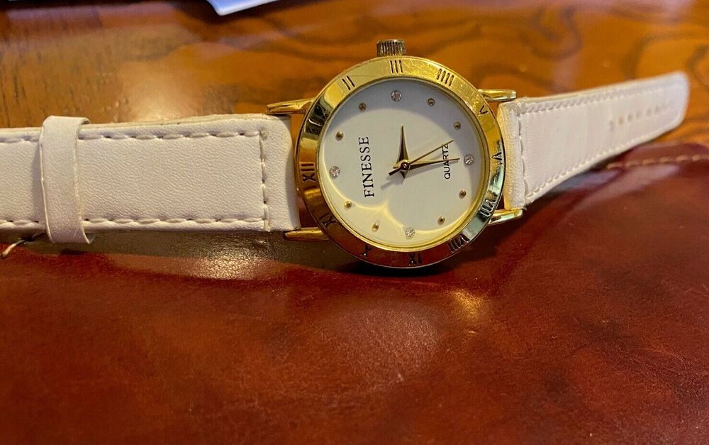 Women's 30mm Gold Tone Finesse Watch, White Band, Roman Numeral Dial